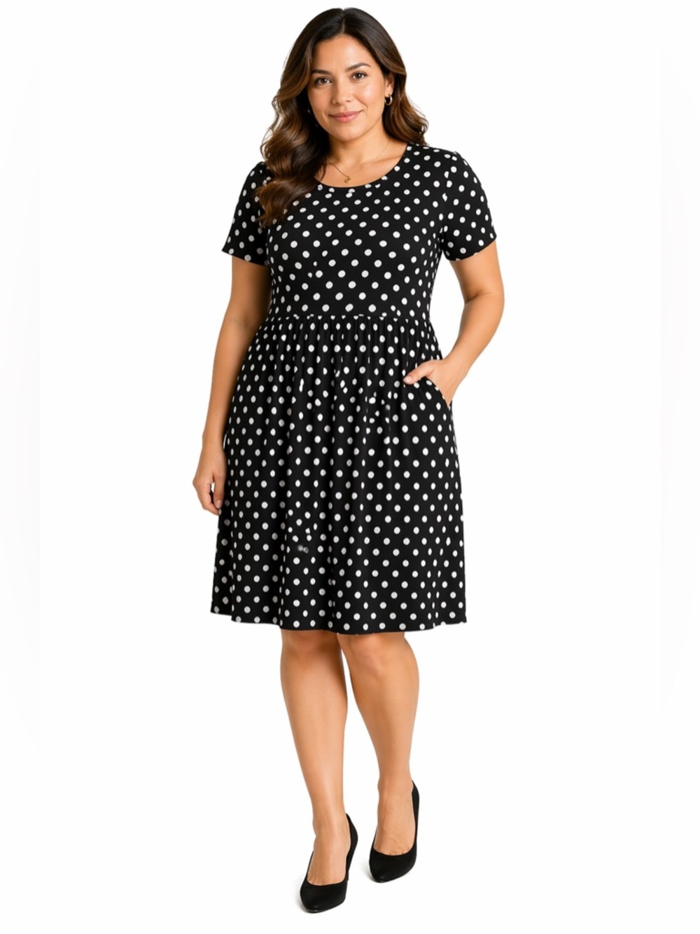 Amelia Dress Black White Polka Dot Short Sleeve Fit & Flare w/ Pockets XL